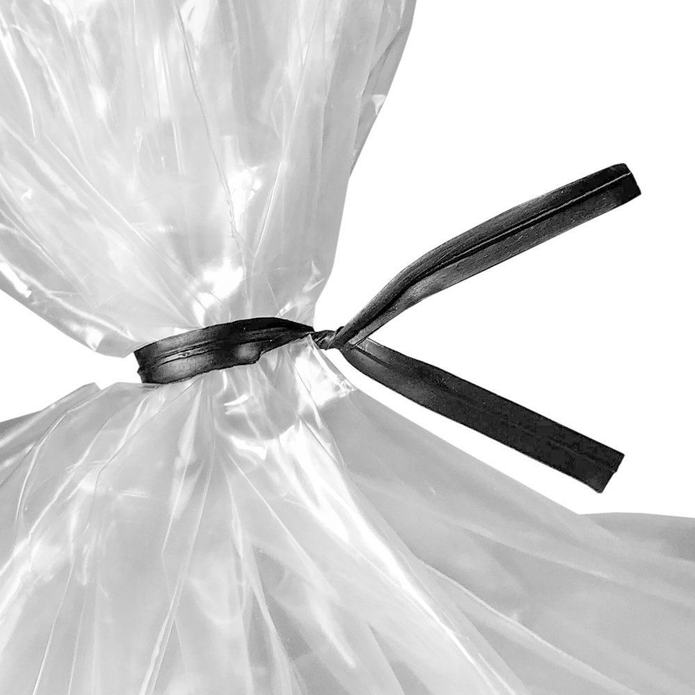 Close up of 4 Inch Black Plastic Twist Ties Tied on Bag