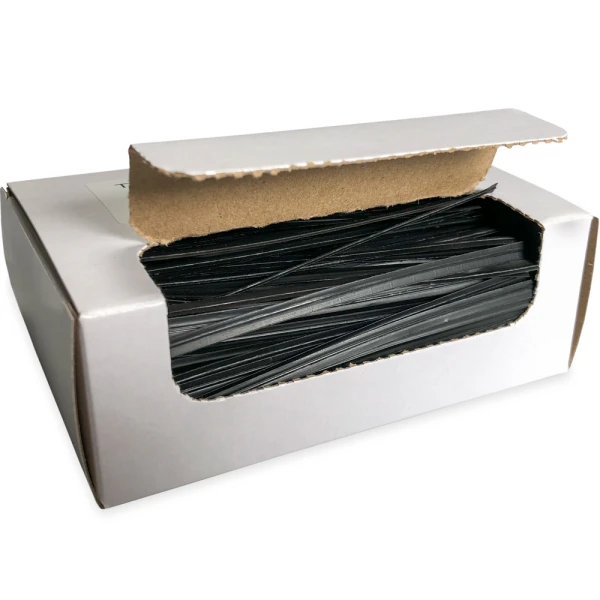 4 Inch Black Plastic Twist Ties Open Case Opened Case of 4 Inch Black Plastic Twist Ties