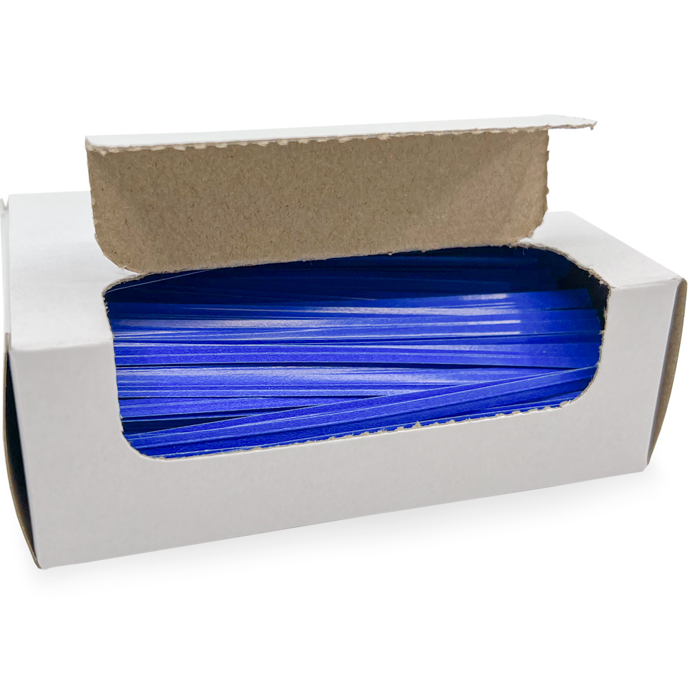 Opened Case of 4 Inch Blue Paper Twist Ties
