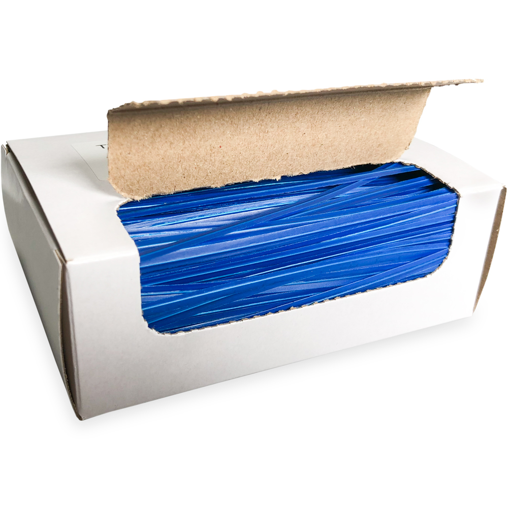 Opened Case of 4 Inch Blue Plastic Twist Ties