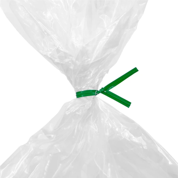 4 Inch Green Paper Twist Ties Tied on Bag Close up of 4 Inch Green Paper Twist Ties Tied on Bag