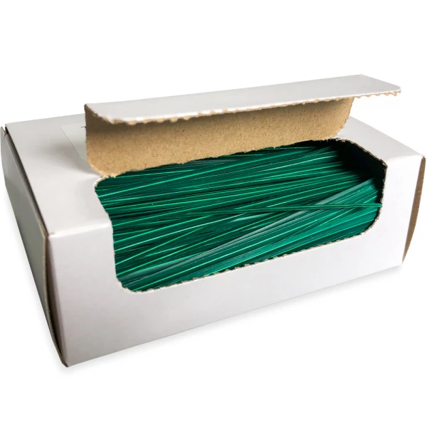 4 Inch Green Plastic Twist Ties Open Case Opened Case of 4 Inch Green Plastic Twist Ties