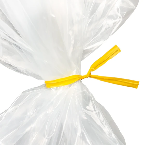 4 Inch Yellow Plastic Twist Ties Tied on Bag Close up of 4 Inch Yellow Plastic Twist Ties Tied on Bag