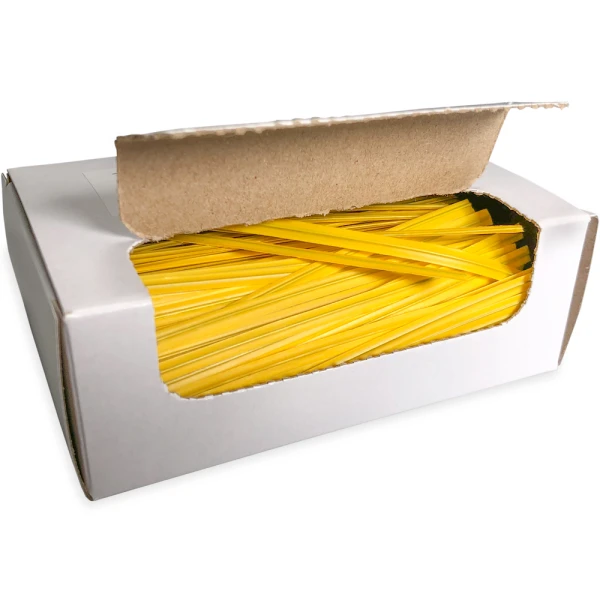 4 Inch Yellow Plastic Twist Ties Open Case Opened Case of 4 Inch Yellow Plastic Twist Ties