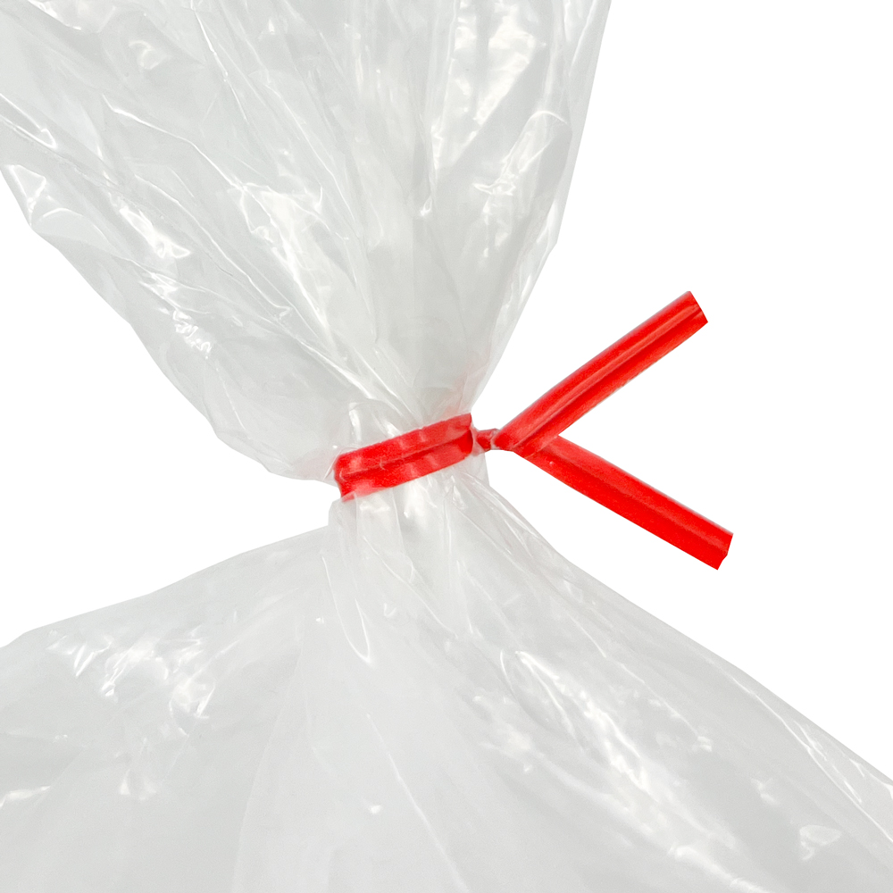 Close up of 4 Inch Red Paper Twist Ties - 1000/Pack Tied on Bag