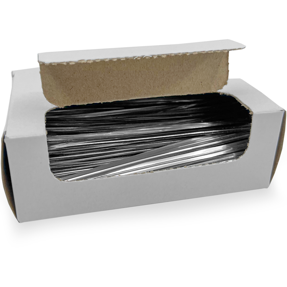 Opened Case of 4 Inch Silver Metallic Twist Ties