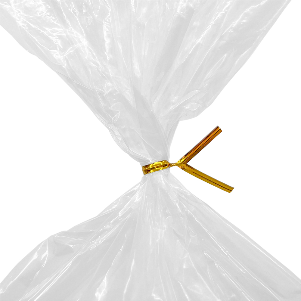 Close up of 4 Inch Twist Ties Metallic Gold Tied on Bag