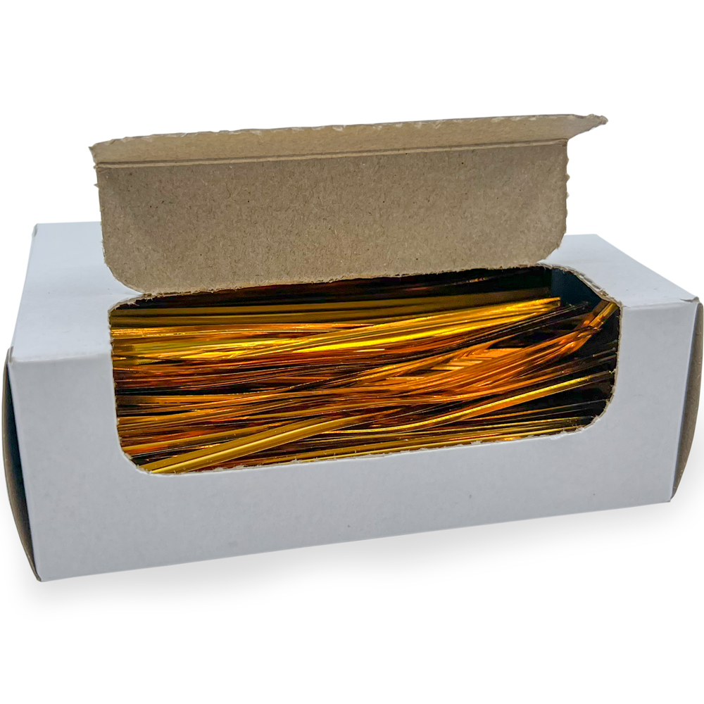 Opened Case of 4 Inch Twist Ties Metallic Gold