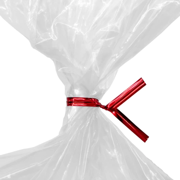 4 Inch Twist Ties Metallic Red Tied on Bag Close up of 4 Inch Twist Ties Metallic Red Tied on Bag