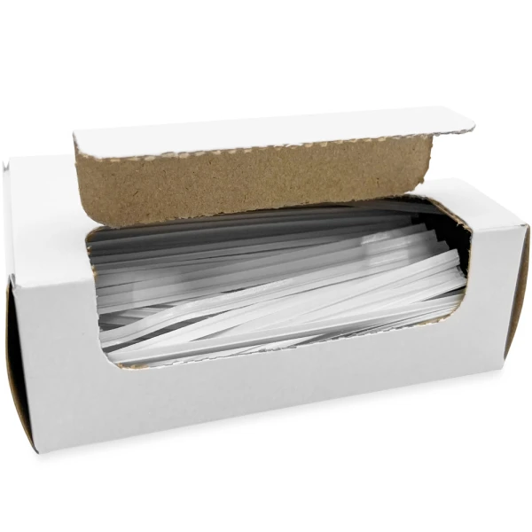 4 Inch White Paper Twist Ties Open Case Opened Case of 4 Inch White Paper Twist Ties