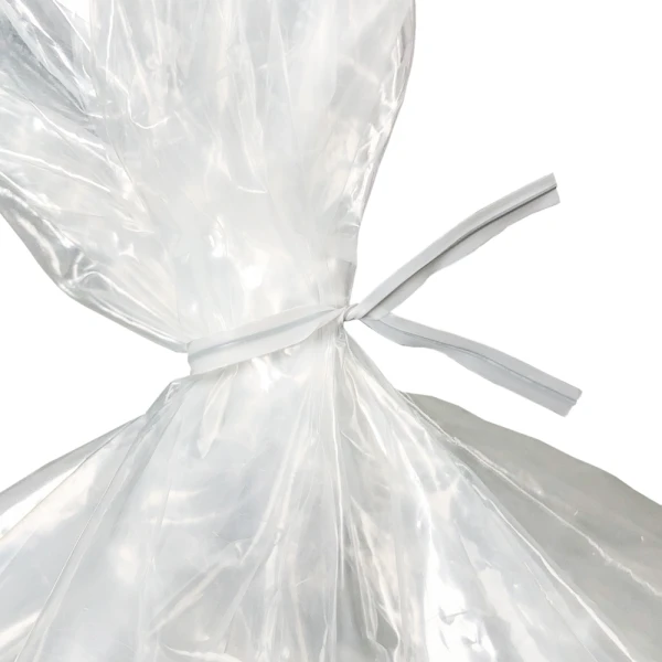 4 Inch White Plastic Twist Ties Tied on Bag Close up of 4 Inch White Plastic Twist Ties Tied on Bag