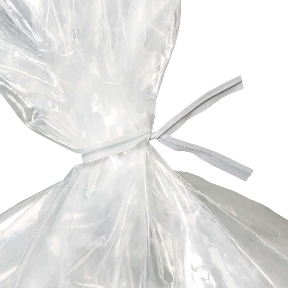 Close up of 4 Inch White Plastic Twist Ties Tied on Bag