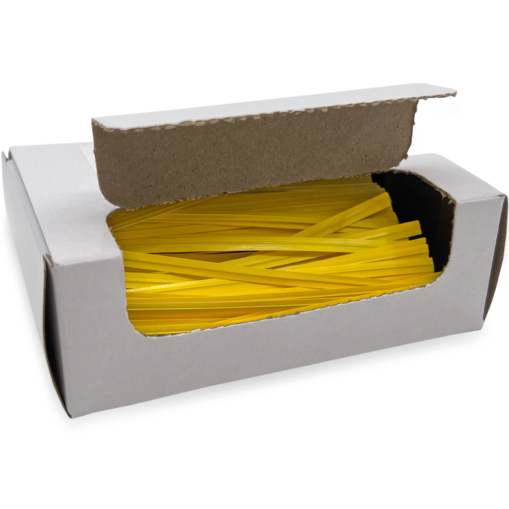 Opened Case of 4 Inch Yellow Paper Twist Ties