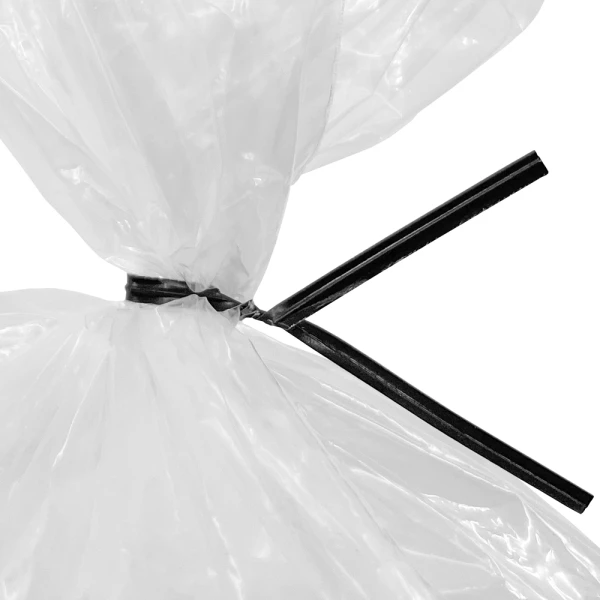 6 Inch Black Paper Twist Ties Tied on Bag Close up of 6 Inch Black Paper Twist Ties Tied on Bag