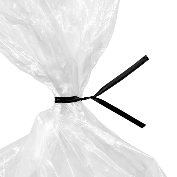 6 Inch Black Plastic Twist Ties Tied on Bag Close up of 6 Inch Black Plastic Twist Ties Tied on Bag