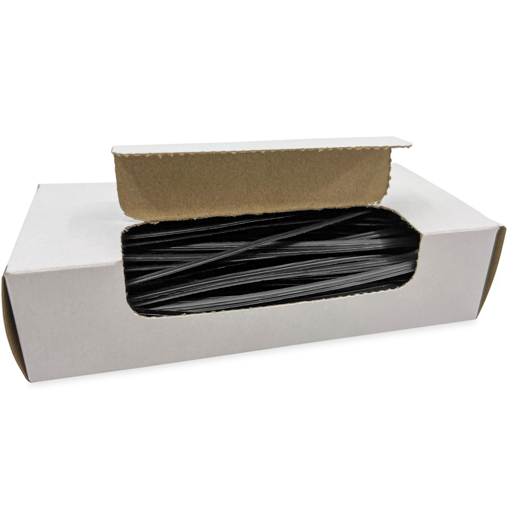 Opened Case of 6 Inch Black Plastic Twist Ties