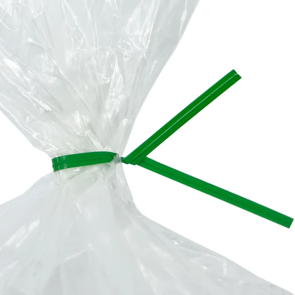 6 Inch Green Paper Twist Ties Tied on Bag Close up of 6 Inch Green Paper Twist Ties Tied on Bag