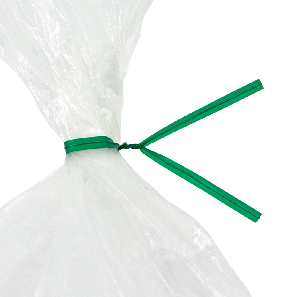 Close up of 6 Inch Green Plastic Twist Ties Tied on Bag