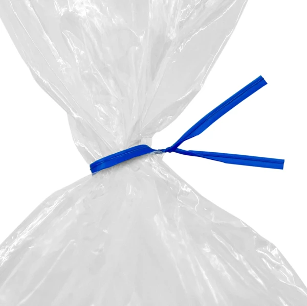 6 Inch Blue Plastic Twist Ties Tied on Bag Close up of 6 Inch Blue Plastic Twist Ties Tied on Bag