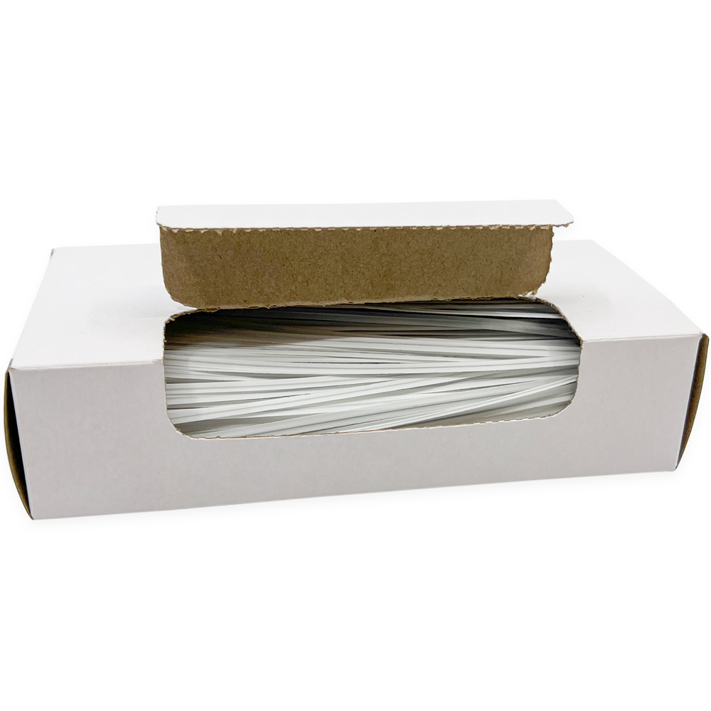 Opened Case of 6 Inch White Plastic Twist Ties