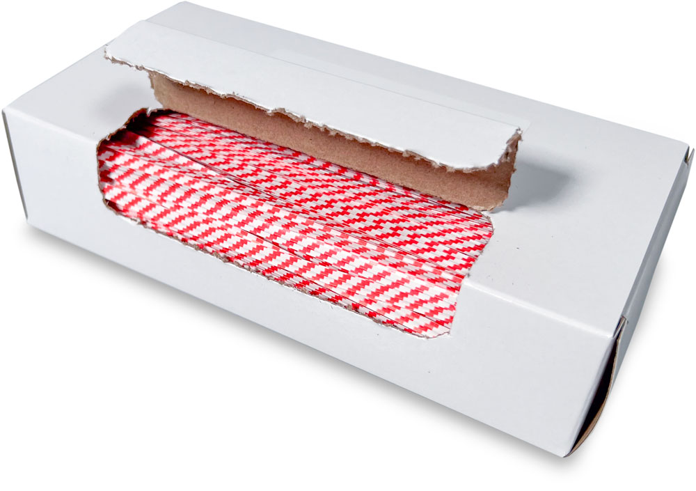 Open Case of Red and White 6 Inch Striped Paper Twist Ties