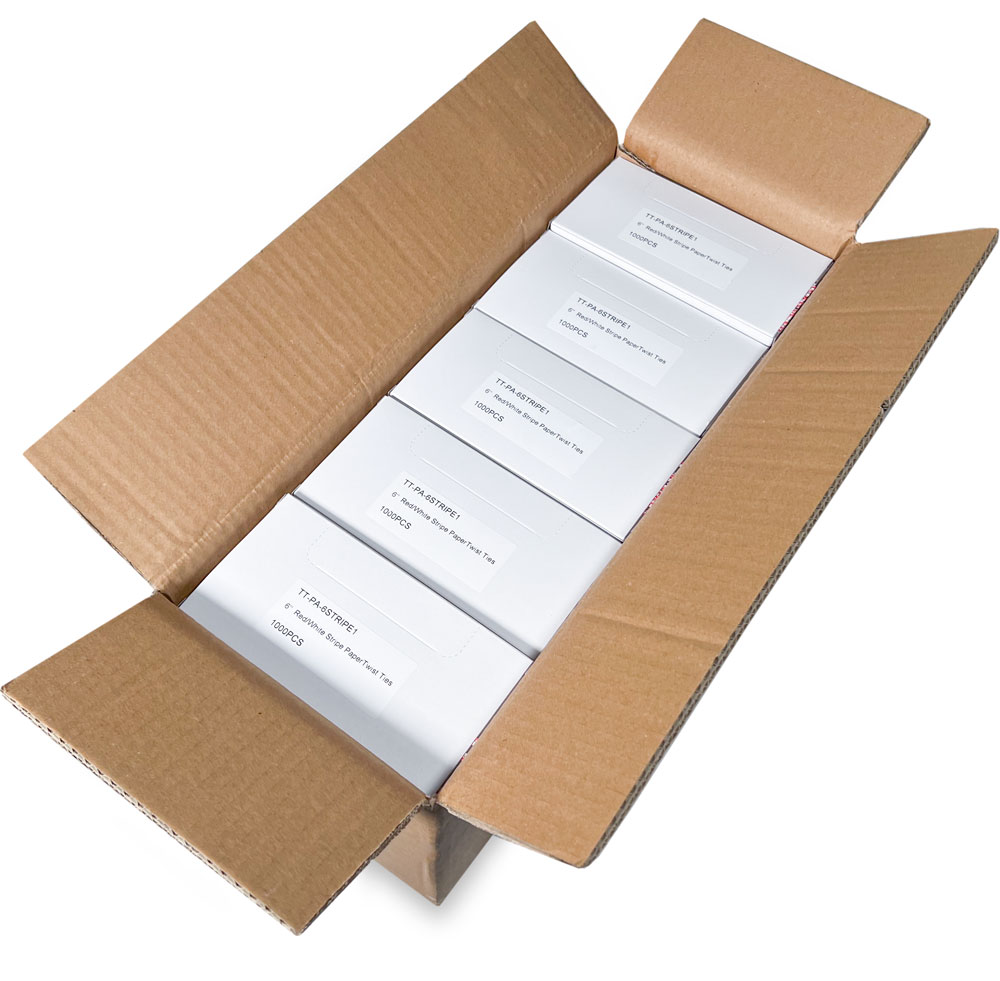 Master Case of Red and White 6 Inch Striped Paper Twist Ties