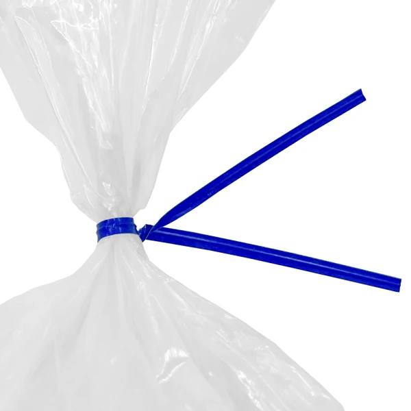 8 Inch Blue Paper Twist Ties Tied on Bag Close up of 8 Inch Blue Paper Twist Ties Tied on Bag