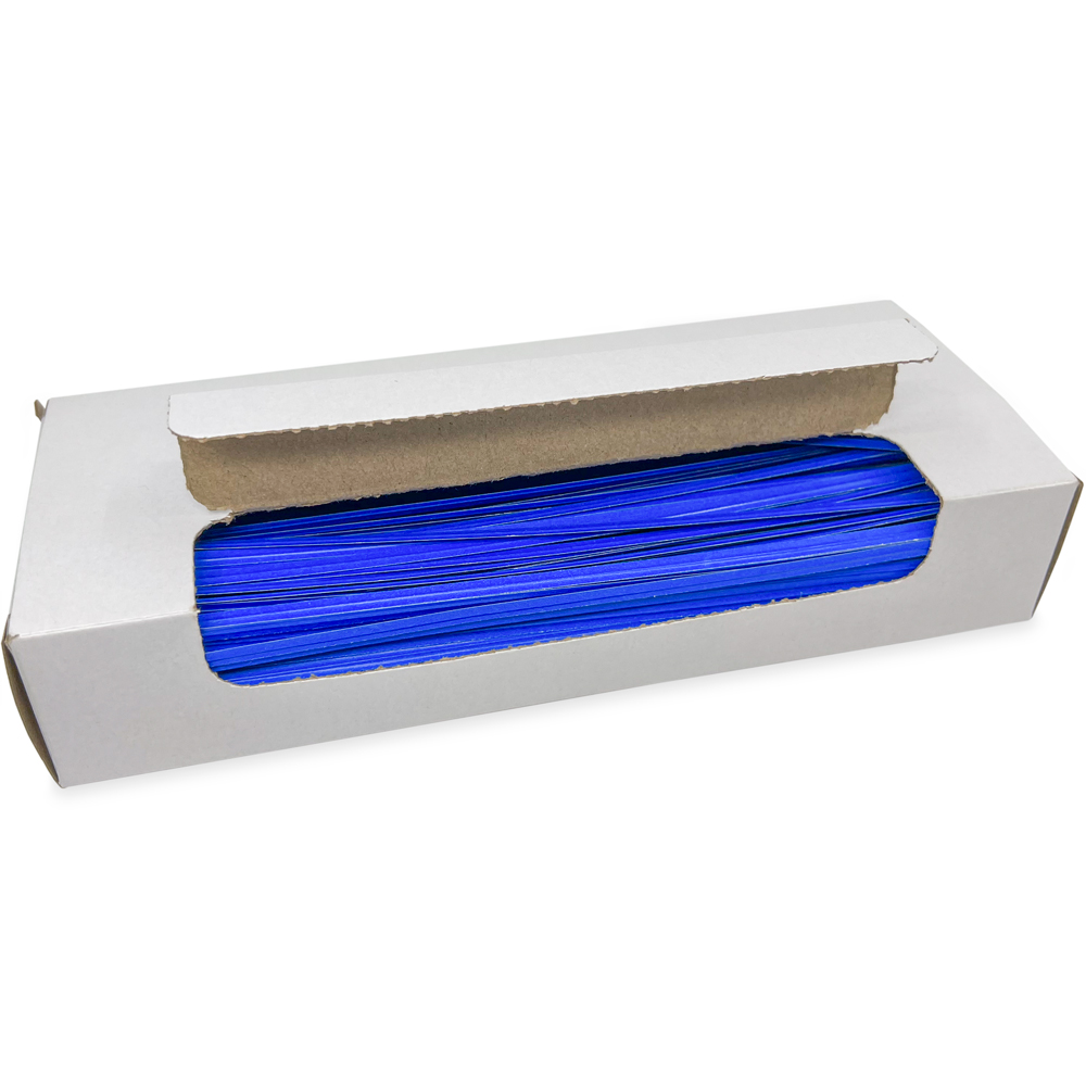 Opened Case of 8 Inch Blue Paper Twist Ties