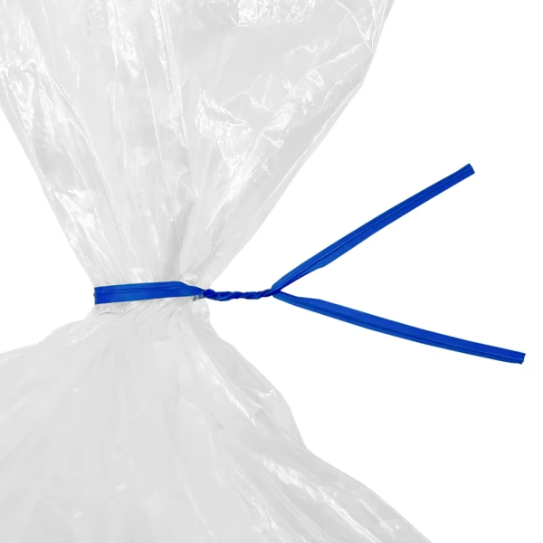 8 Inch Blue Plastic Twist Ties Tied on Bag Close up of 8 Inch Blue Plastic Twist Ties Tied on Bag