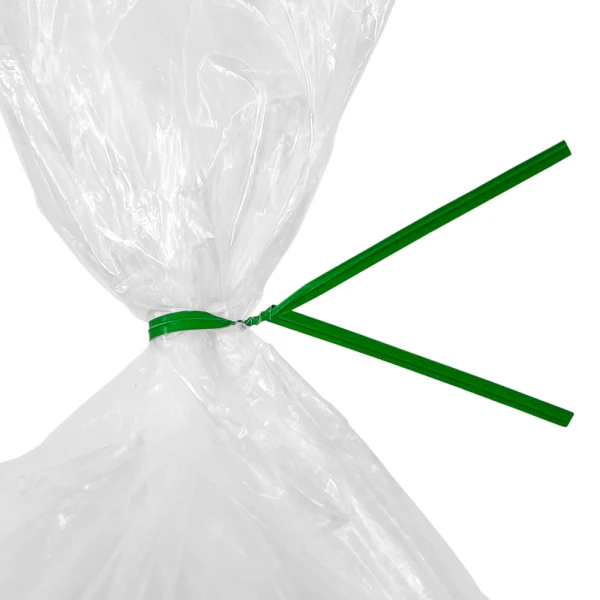 8 Inch Green Paper Twist Ties Tied on Bag Close up of 8 Inch Green Paper Twist Ties Tied on Bag