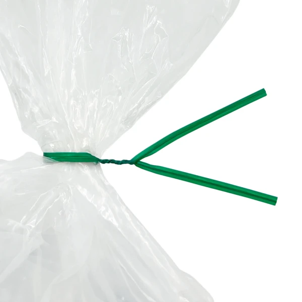 8 Inch Green Plastic Twist Ties Tied on Bag Close up of 8 Inch Green Plastic Twist Ties Tied on Bag