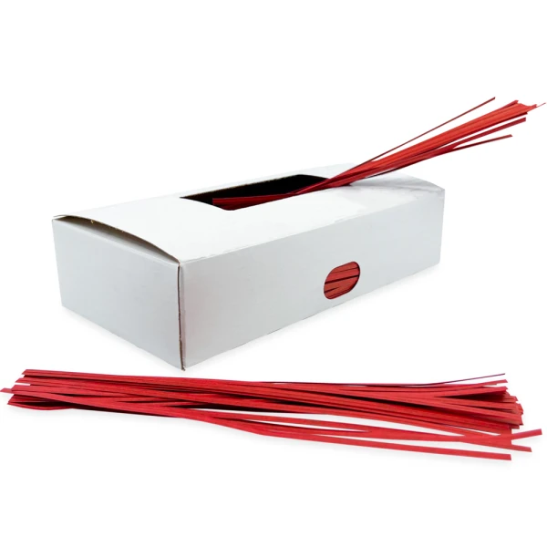 8 Inch Red Paper Twist Ties Top and Side Opening 8 Inch Red Paper Twist Ties with Twist Ties Coming out of Top and Side Openings