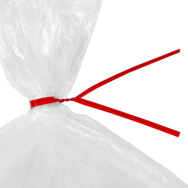8 Inch Red Plastic Twist Ties Tied on Bag - 1000 per Pack Close up of 8 Inch Red Plastic Twist Ties Tied on Bag - 1000 per Pack