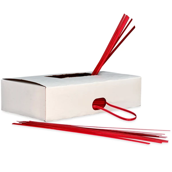 8 Inch Red Plastic Twist Ties Top and Side Opening 8 Inch Red Plastic Twist Ties with Twist Ties Coming out of Top and Side Openings