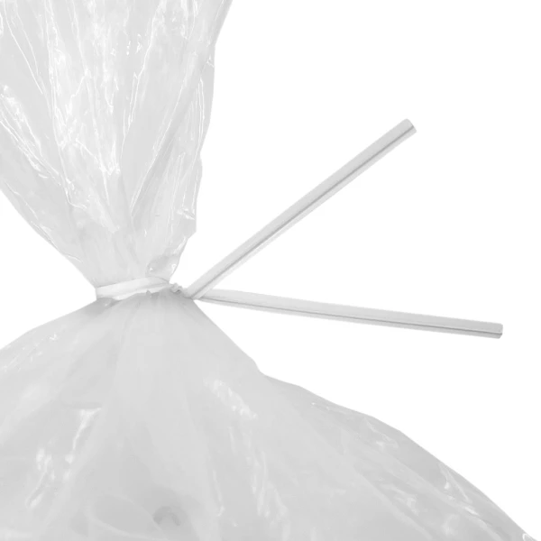8 Inch White Paper Twist Ties Tied on Bag Close up of 8 Inch White Paper Twist Ties Tied on Bag