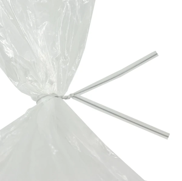 8 Inch White Plastic Twist Ties Tied on Bag Close up of 8 Inch White Plastic Twist Ties Tied on Bag