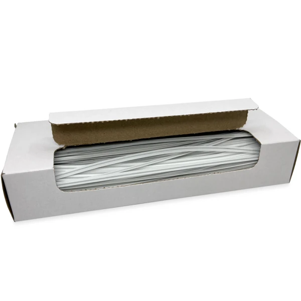 8 Inch White Plastic Twist Ties Open Case Opened Case of 8 Inch White Plastic Twist Ties
