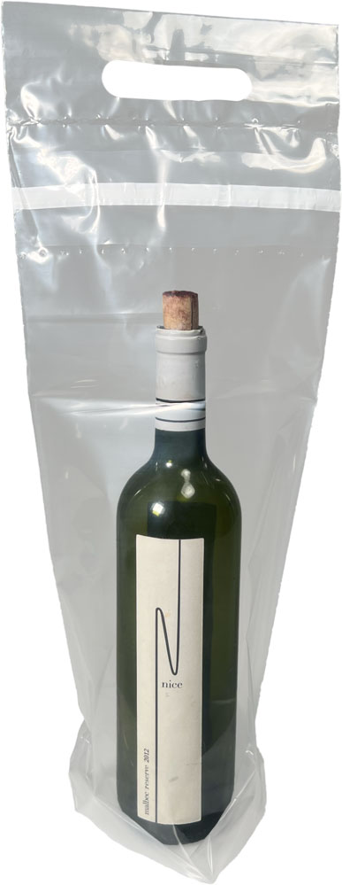 7 x 19 + 3.75 Sealable Wine To Go Bag Holding 750 ml Wine Bottle 750ml inside of 7 x 19 + 3.75 Sealable Wine To Go Bag