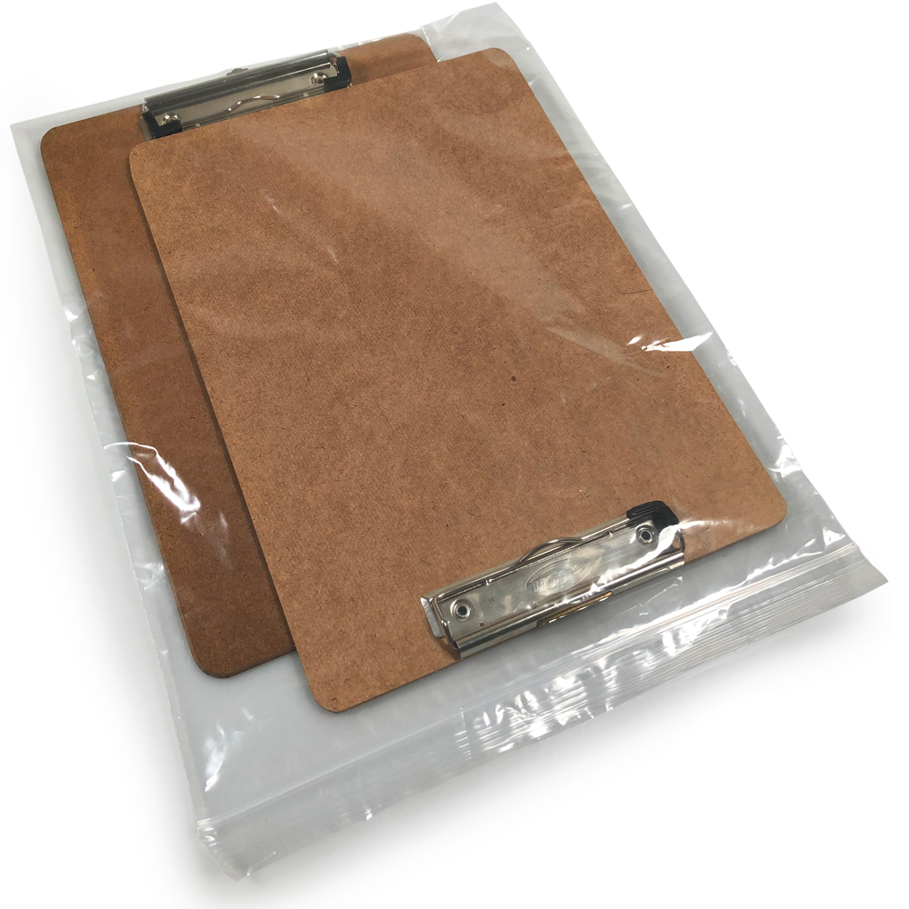 View of 12 x 15 2 Mil Clearzip Lock Top Bag Application Shot With Two Clipboards in Bag