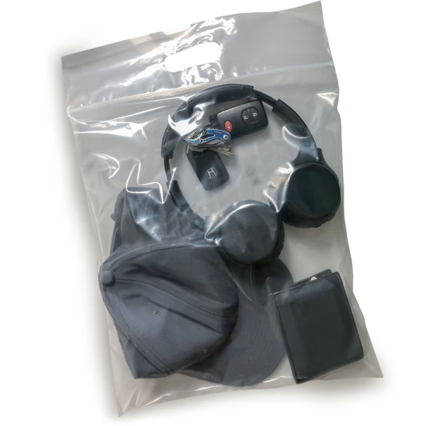 13 x 15 3 mil Zipper Locking Handle Bags with Belongings 13 x 15 3 mil Zipper Locking Handle Bags with Hat, Keys, Wallet, and Headphones in Bag