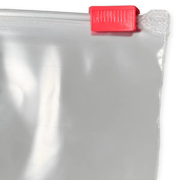 14 x 10 Slider Bags Zipper Close up of 14 x 10 Slider Bags Red Slider on Zipper