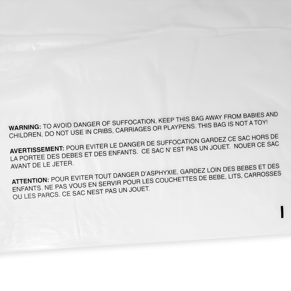 Close up of 16 x 20 Zip Locking Poly Bags Suffocation Warning