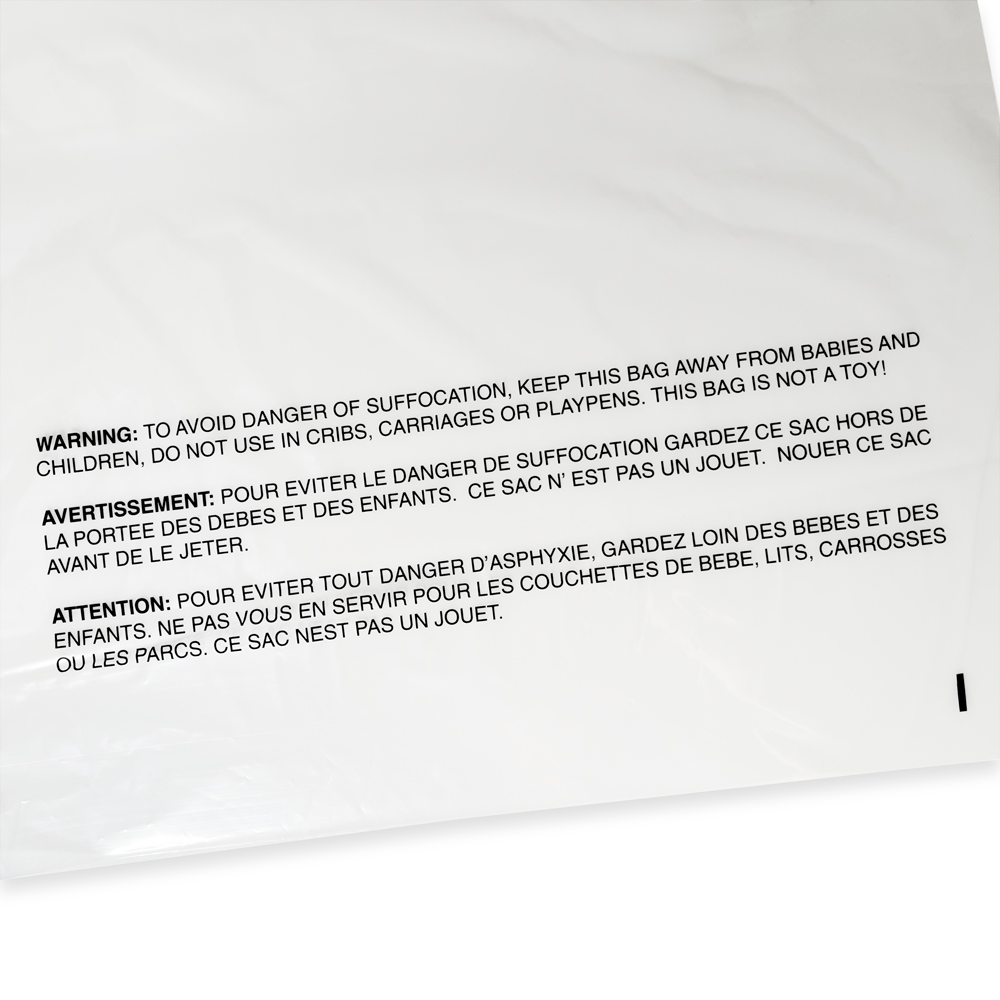 Close up of 18 x 24 Zip Locking Poly Bags Suffocation Warning