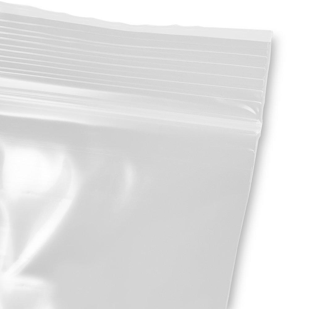 Close up of 6 x 9 Clearzip® Locking Top Bag with White Block 2 Mil Zipper