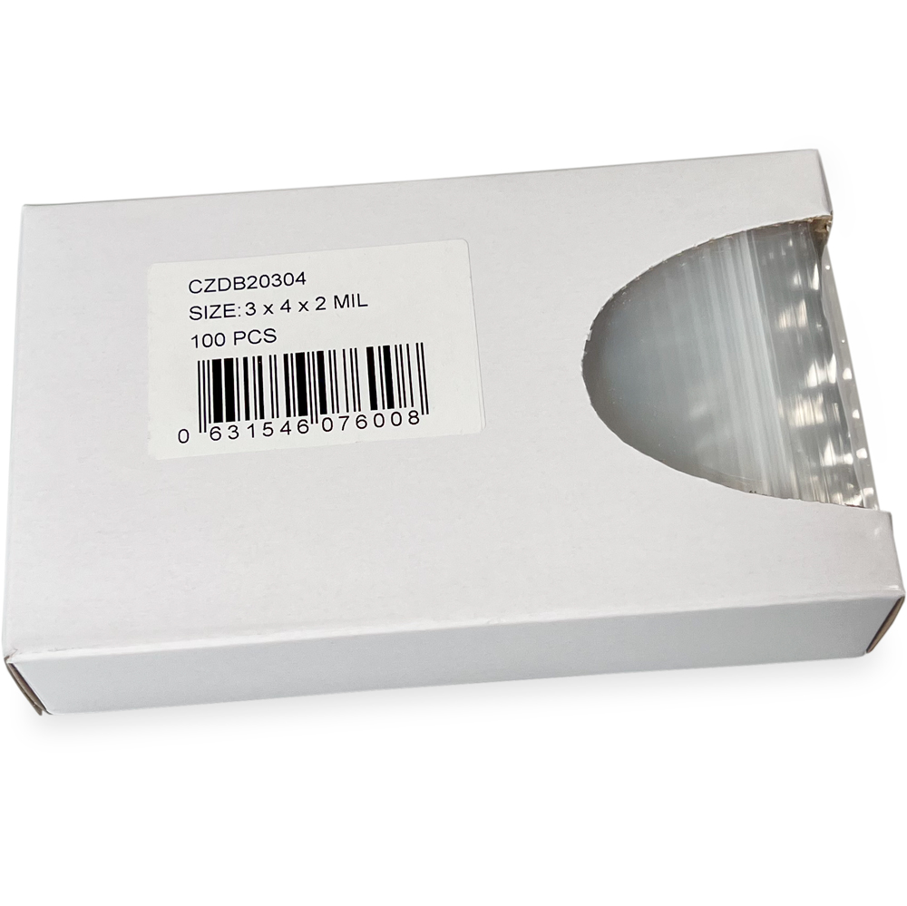 Opened Side Dispenser of 3 x 4 2 Mil Clearzip Lock Top Bags w/ Dispenser Box