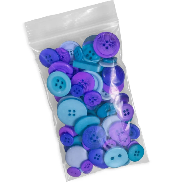 3 x 5 2 Mil Clearzip Lock Top Bags Securely Holding Product 3 x 5 2 Mil Clearzip Lock Top Bag with Colored Buttons in Bag