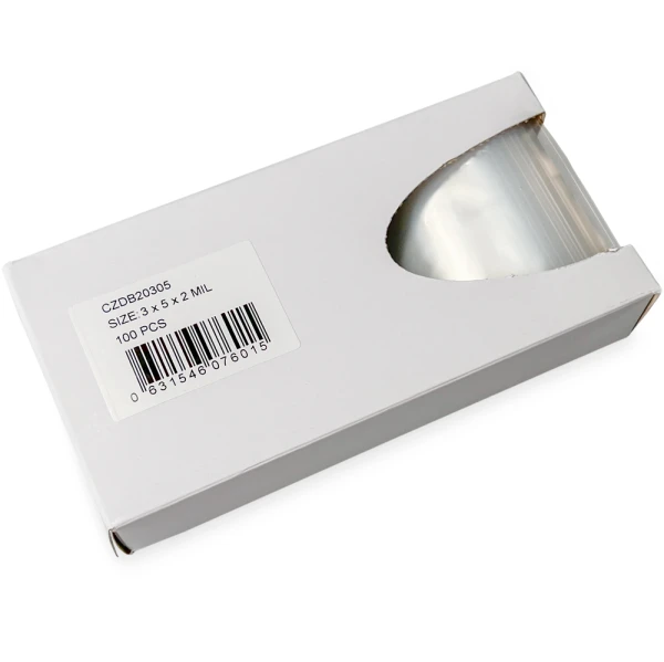 3 x 5 2 Mil Clearzip Lock Top Bags w/ Dispenser Box Side Dispensing Opening Opened Side Dispensing of 3 x 5 2 Mil Clearzip Lock Top Bags w/ Dispenser Box
