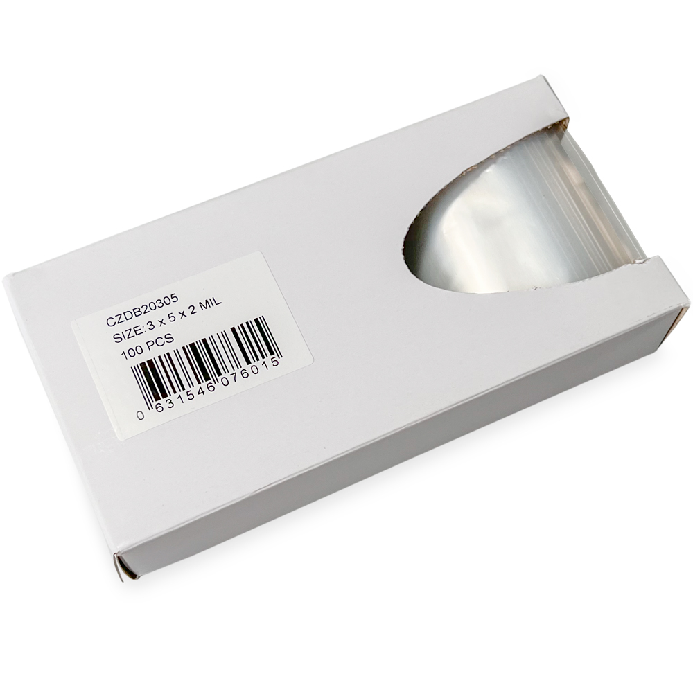 Opened Side Dispensing of 3 x 5 2 Mil Clearzip Lock Top Bags w/ Dispenser Box