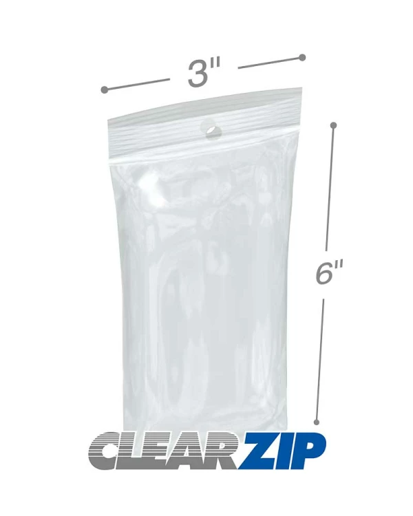 3 x 6 2 Mil Zipper Locking Bags with Hanghole