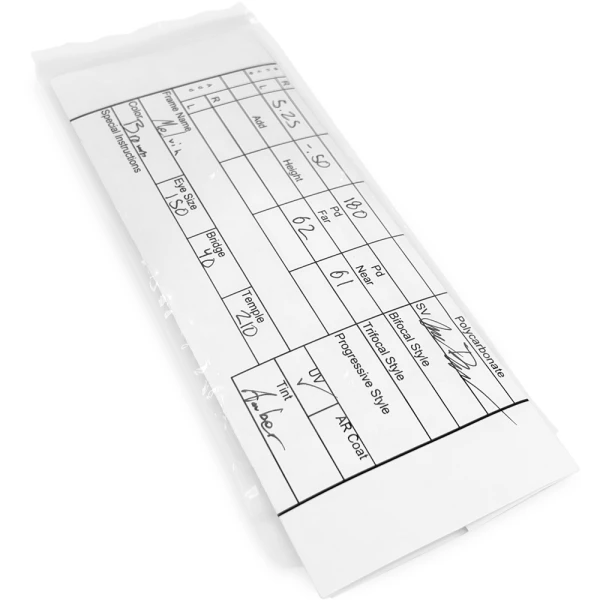 3.5 x 7.5 2 Mil Optical Bag with Optic Form in Document Pouch on Back Optic Form in 3.5 x 7.5 2 Mil Optical Bag with Document Pouch on Back